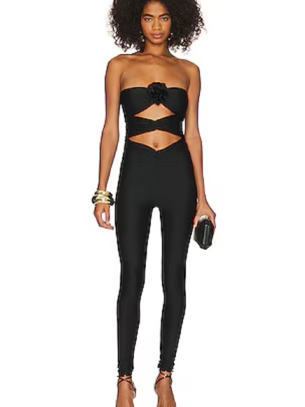 Ronny Kobo Collection Black Strapless Floral Appliqué Jumpsuit